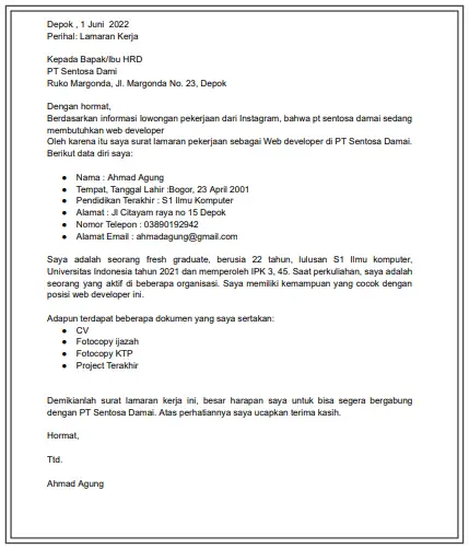 10 Contoh Surat Lamaran Kerja Fresh Graduate Yang Baik